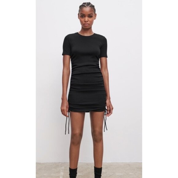 Zara Womens Ruched Mini Dress Black Size S Short-Sleeve Coquette Streetwear NWT - Picture 1 of 12
